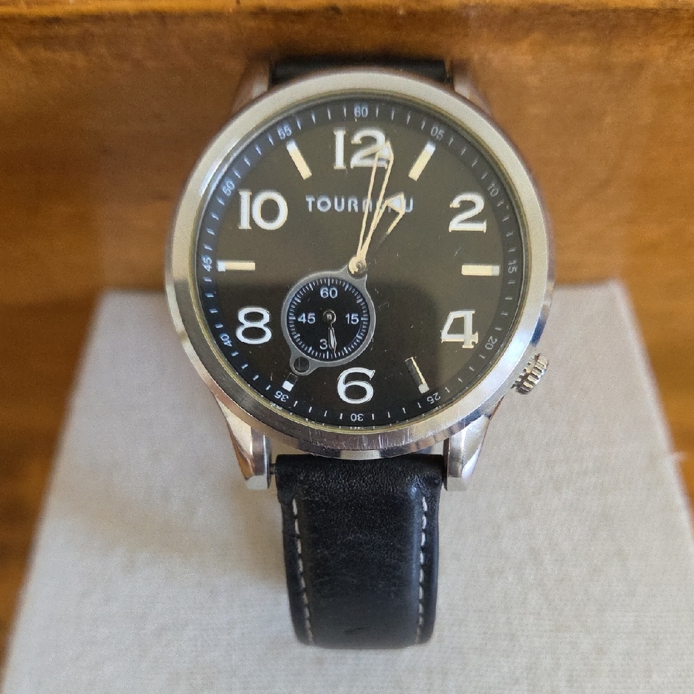 Tourneau Black Dial Silver-Tone Case Leather Strap Watch